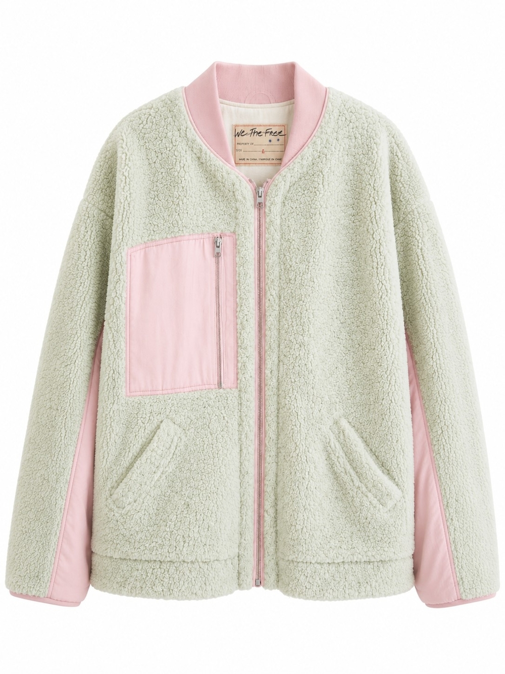 We The Free Free People Rivington Sherpa Jacket L NWOT Pink Green Fleece Bomber - Picture 2 of 12